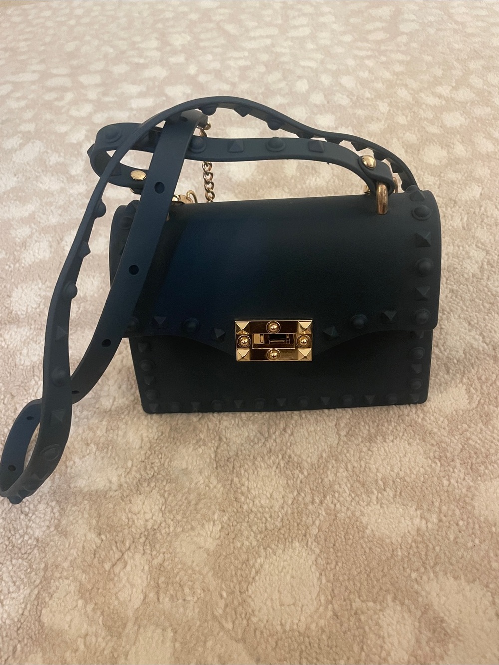Black Studded Leather Crossbody Bag with Gold Hardware